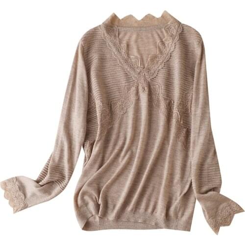 Autumn New Long-Sleeve Knitwear Womens Patchwork Lace Solid V-neck Pullover Womens Fashion Womens Top Thin Blend 80512
