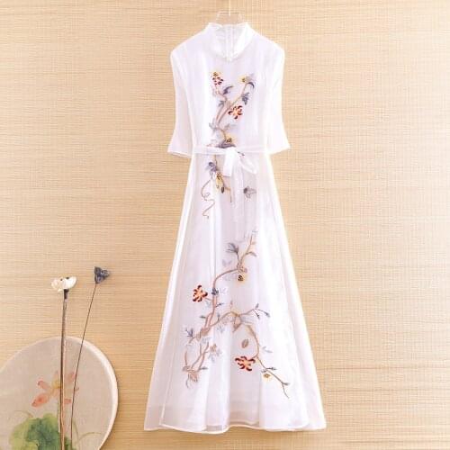 High-end Summer 2020 Organza Women Cheongsam Dress Retro Elegant Embroidery Half Sleeve A-line Slim Lady Party Qiapao Dress XXL