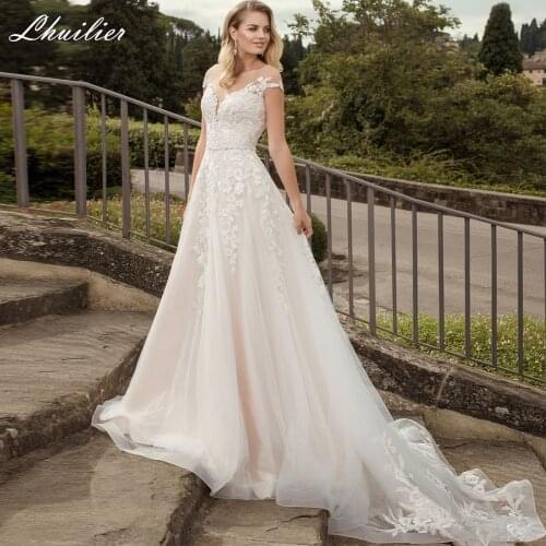 Lhuilier Womens A-line Tulle Wedding Dresses 2021 Cap Sleeves Beaded Floor Length Bridal Gowns Court Train with Appliques