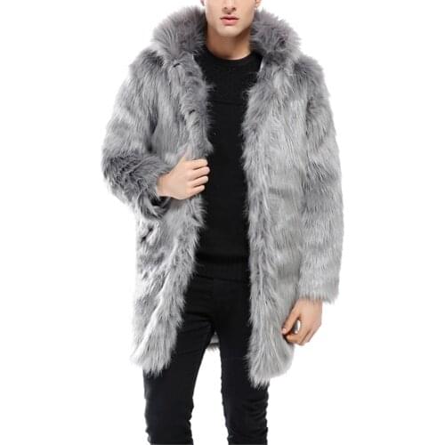 Winter Mens Long Sleeve Faux Fur Coat Jacket With Hooded Loose Warm Overcoat Male Thicken Outwear