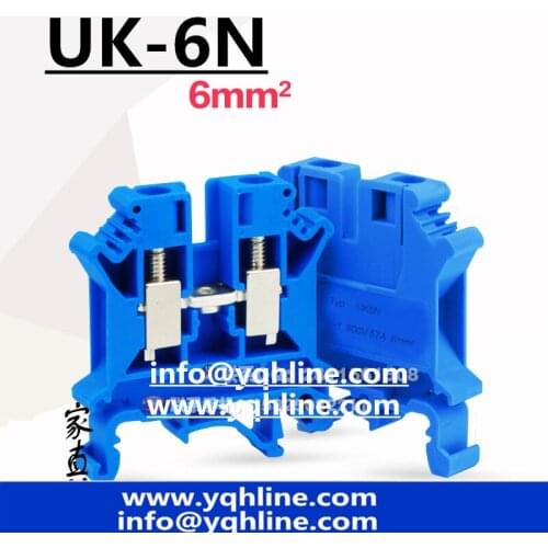 10Pcs Blue color Terminal blocks UK6N DIN rail Wiring board connector terminals 6mm square voltage copper part UK-6N
