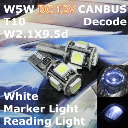 12V LED CANBUS Decode White Color Car Bulb Lamp T10(5*5050 SMD) W5W W2.1X9.5d for Clearance Width Light