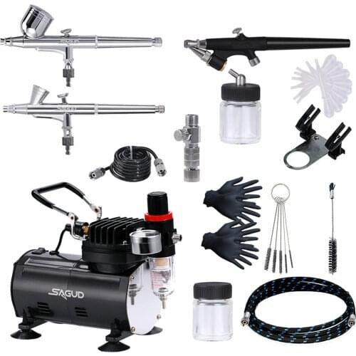 SAGUD Air Brush Compressor Airbrush Kit with 3 Professional Airbrushes for Cake,Nail,Tattoo,Hobby with More Airbrush Accessories