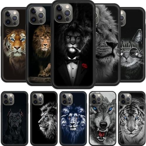 Phone Case For iPhone 11 Pro 12 Pro Max XR 7 8 SE 2020 X XS Max 6 7 8 Plus Luxury Black Shell Cover Wolf Lion Animal funda