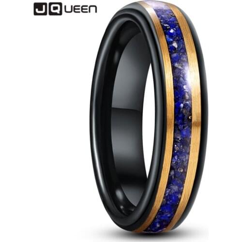 JQueen 6mm Black Gold Inlaid Lapis Lazuli Tungsten Carbide Ring Mens Women Fashion Wedding Jewelry Best Gift
