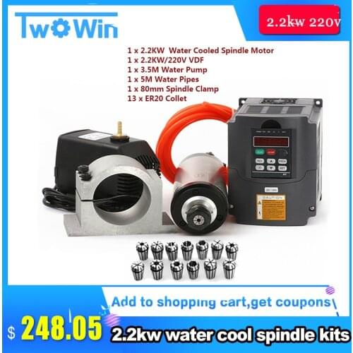 Water Cooled Spindle Kit 2.2KW CNC Milling Spindle Motor + 2.2KW VFD + 80mm clamp + water pump/pipe +13pcs ER20 for CNC Router
