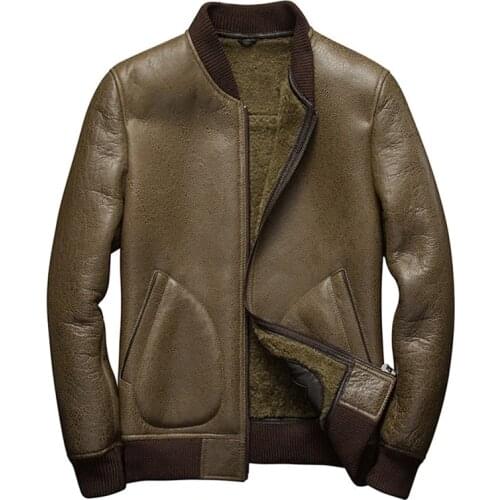 Denny&Dora Mens Shearling Coat Mens Fur Coat Baseball Sheepskin Pilot Short Leather Jacket