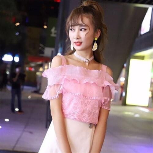 New Summer Sweety Girl Off Shoulder Lace Blouse Slim Women Slash Neck Mesh Shirts Short Sleeve Blousas Basic Tops Bottomings 437