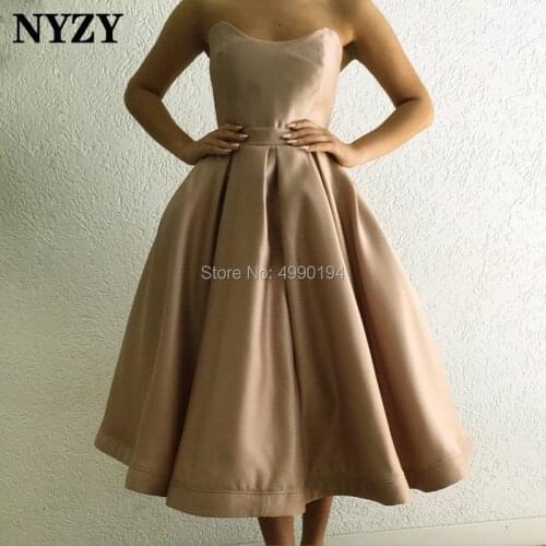 NYZY C142 Satin Tea Length Ball Gown Robe Soiree Dubai Arabic Vintage Champagne Cocktail Dresses abiti cerimonia