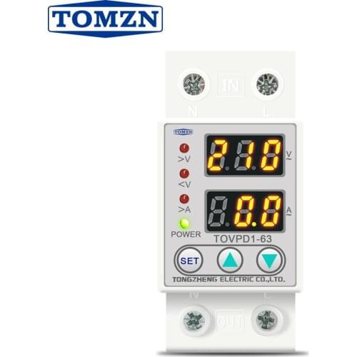 TOMZN TOVPD1-63 Dual Display 230V Din Rail Adjustable Over Under Voltage Current Protective Device Protector Relay