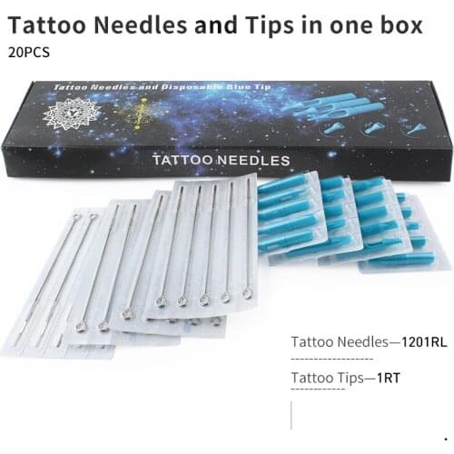 RL+RT) Tattoo Needles and Blue Tips Mixed 40PCS- Professional Tattoo Needle RL & Disposable Plastic Tattoo Tips RT With Box