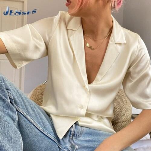 Satin Short-sleeved Shirt High-quality Solid Color Ladies Blouse Single-breasted Buttons V-neck Simple Style Shirts Women Blouse