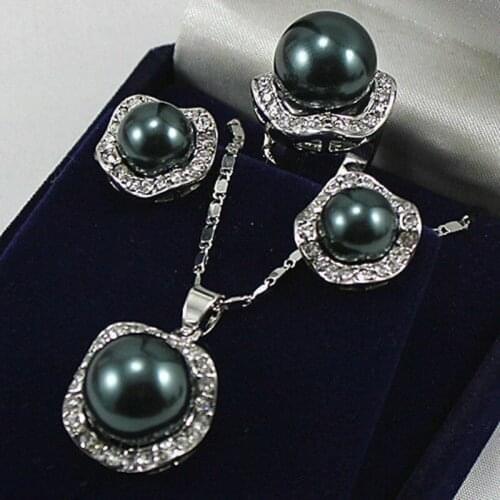 14mm Black South Sea Shell Pearl Earrings Ring & Necklace Pendant Set