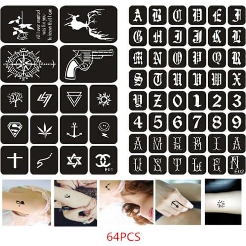 64pcs/set Henna Tattoo Stencil Gun Deer Alphabet Number Reusable Airbrush Stencil for Hands Arm Glitter Tattoo Stencil Templates