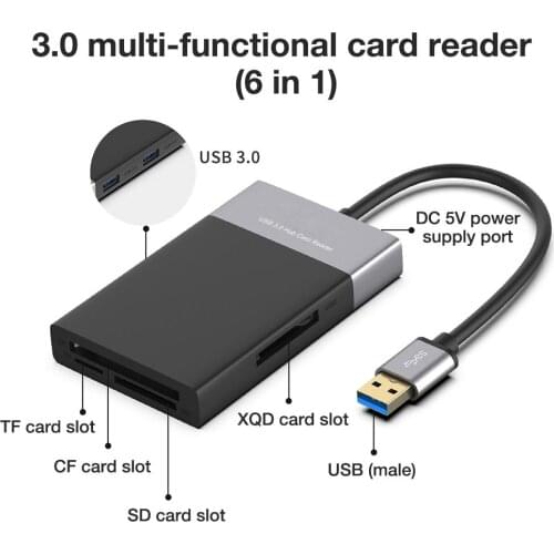 6 in 1 Memory Card Reader 3.0 USB Wire Reader Card 2 Port HUB High Speed Adapter for XQD CF SD TF Accessories