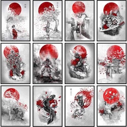 Japanese Bushido 5D DIY Diamond Painting Cross Stitch Samurai Full Square Round Drill Mosaic Embroidery Black Red Room Decor Art