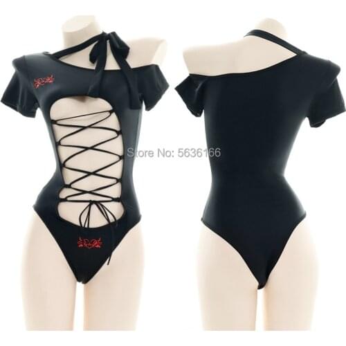 Japanese Style Lolita Hollow Out Printing Halter Lace Up Swimwear Underwear Sexy Womens One-Piece sexy Pajamas