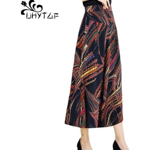 UHYTGF Fashion women summer skirt pants elegant mom high waist big swing A-line thin pants vintage printing casual trousers 1656
