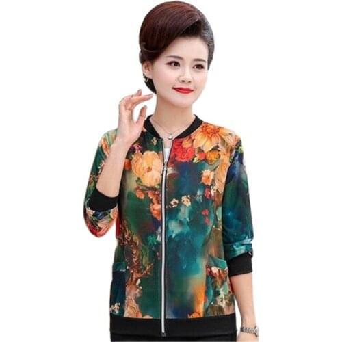 Middle-Aged Female Jacket 2021 New Imitate Silk Spring Summer Thin Coat Womens Zipper Plus Size Baseball Uniform 5XLA