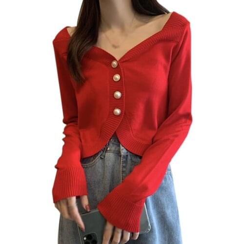 Womens Square Collar Button Casual Tshirt Sexy Navel Exposed Long-Sleeved Knitted Cardigan Tee Shirt Tops