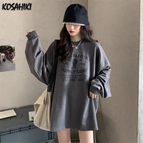 KOSAHIKI Long Sleeve T-shirts Womens Students Letter Printed Harajuku Retro All-match Trendy Simple Casual Loose Korean Tops