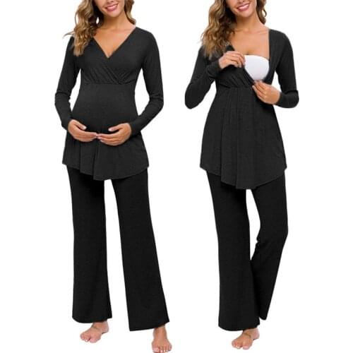 Womens Maternity Nursing Pajamas Sets Breastfeeding Printed Sleepwear Long Sleeve 2 Pcs Henley Top and Pants Set