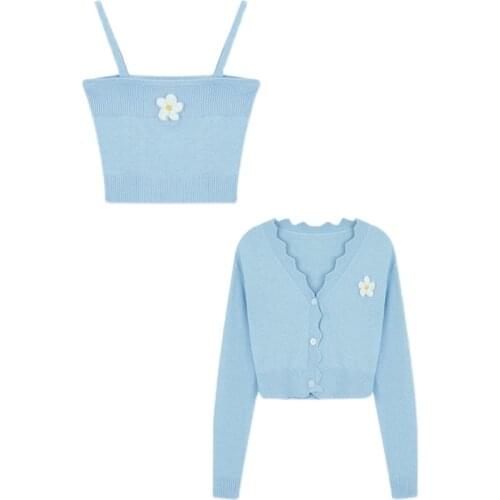 2021Two Piece Set Cardigan Women Autumn Milk blueColor Long SleeveThin section Ribbed Knitted Cropped Sweater and Matching Vest