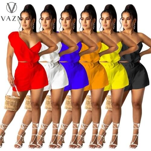 VAZN 2021 Solid Summer Holiday V-Neck Sleeveless Elegant Street Clothing Suits 2 Piece Set Women Top And Pant