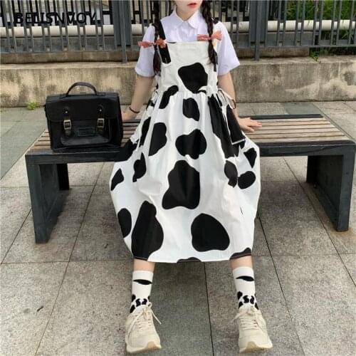 2021 New Japanese Summer Women Sundress Suspenders Cow Print Preppy Style Sleeveless Dress Cute Kawaii Bandage Midi Sweet Dress