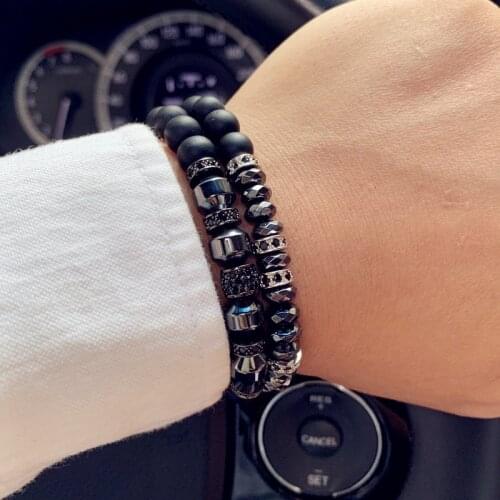 1pc Frosted Natural Stone Beads Bracelet Hematite Zircon Beads Elastic Handmade Strand Bangles For Mens Jewelry Gift Pulsera