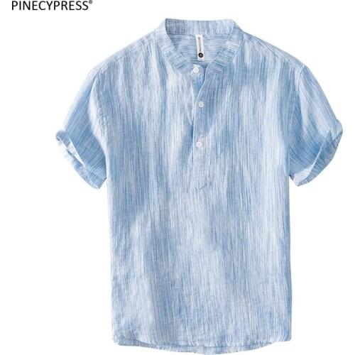 100% Linen Anti-static Breathable Anti-uv Summer Fashion Striped Hemp Short Sleeve Man T-shirt Male Quality Men Casual T Shirt