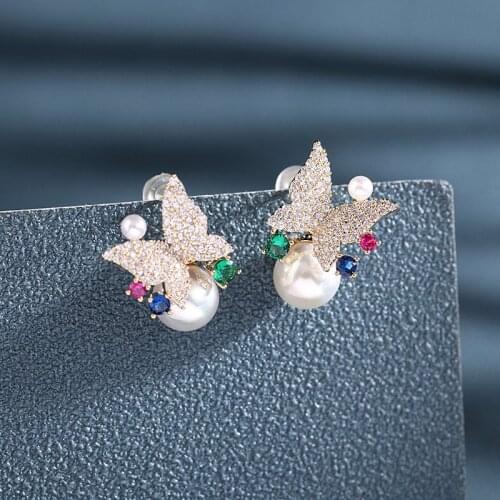 2021 Elegant Cute Pearl Earrings Women Summer Jewelry Temperament Colorful Zircon Butterfly Earring Studs Party Accessories