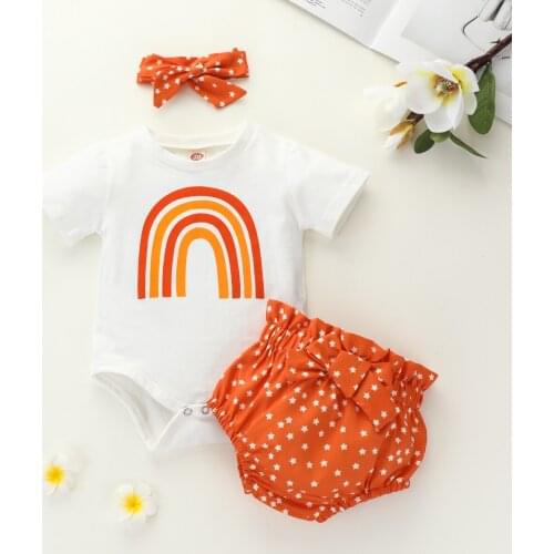 0-24M Newborn Infant Baby Girls Clothes Sets 3pcs/set Rainbow Print Short Sleeve Romper+Shorts + Headband