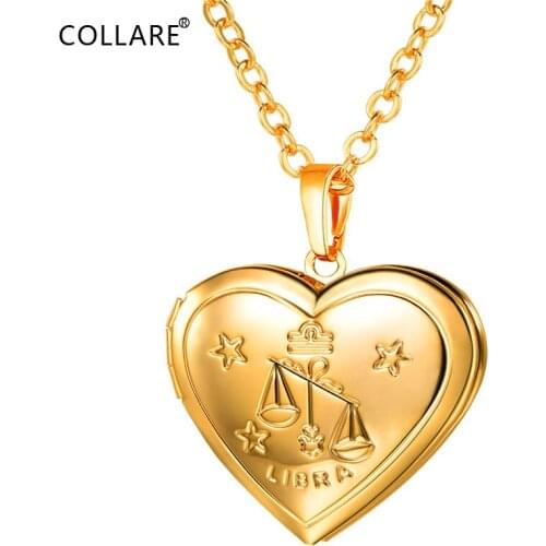 Collare Libra Pendant Heart Locket Photo/Memory Gold/Silver Color Constellation Jewelry 12 Zodiac Dainty Necklace Women P899