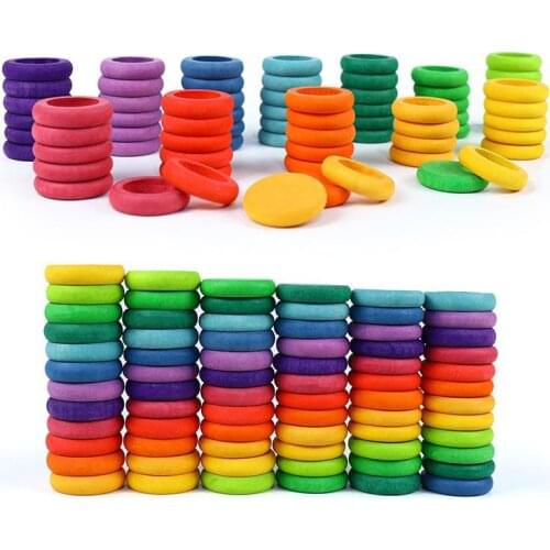 12 Newest Colors Rainbow Series Kids Wooden Toys Beech Rainbow Coins And Rings Stackable Blocks Nature Loose Parts Creative Toys