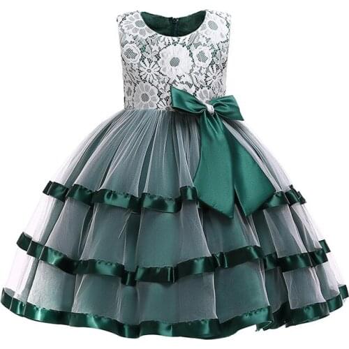 Kids Girls Dresses Children Sleeveless Lace Tulle Layered Communion Ball Gown Formal Girls Dresses for Party Wedding