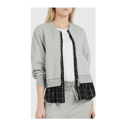 Designers Black/Grey Layered Cotton-Jersey Checked Flannel Bomber Jacket Trendy Chic Plaid Patchwork Zipper Jacket False 2pieces