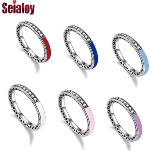 Seialoy Hot Silver Plated Heart-shaped Fine Red Blue Ring For Women Color Shiny Rings Wedding Engagement Ring Jewelry Gifts