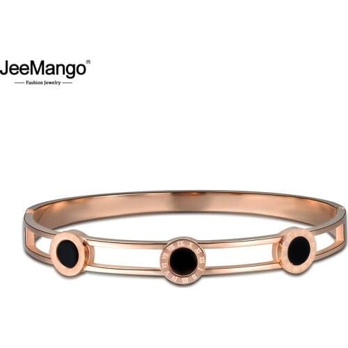 JeeMango Trendy Titanium Steel Wedding Bangles Rose Gold Color Hollow Roman Numbers Classic Cuff Bangle Jewelry Pulseras JB17008