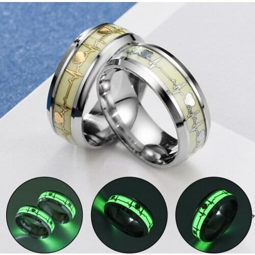 New Stainless Steel Luminous Heartbeat Ring For Men Women Glow In Darkness Punk Hip Hop Rings Wedding Jewelry Lovers Couple Gift
