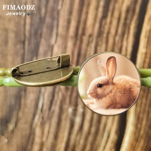 FIMAODZ Lovely Rabbit Brooches for Men Women White Black White Animal Photo Glass Dome Metal Badge Pin Accessories