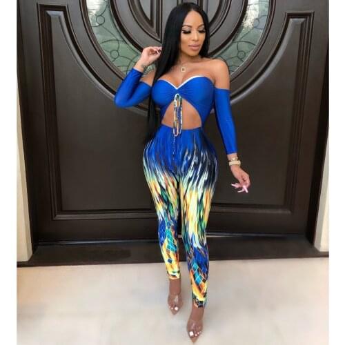 BKLD New Clubwear Sexy Women Off The Shoulder Print Jumpsuits 2019 Autumn Women Tie Dyeing Bow Hollow Out Bodycon Bodysuits