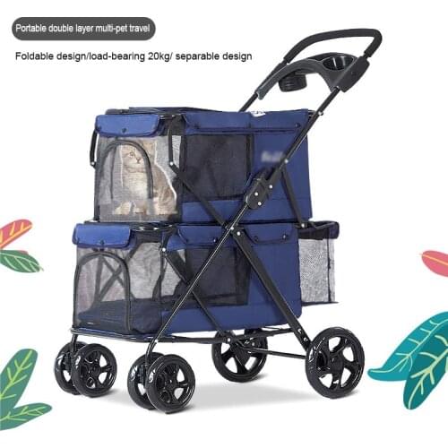 Pet Stroller Carrier For Dogs Portable Folding Double Deck Dog Large Space Trolley Cage Four Wheel Outdoor Travel Pet Scooter