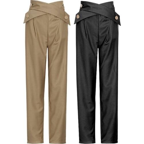 Casual Women Pants New Chic Criss-Cross Waist Strap High Waist Full Length Ladies Trousers