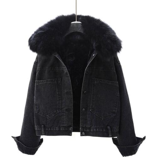 Removable Big Fur Collar Fleece Fur Denim Jacket Coat Women Student Outerwear Vintage Loose Thick Warm Short Jeans Jacket Female
