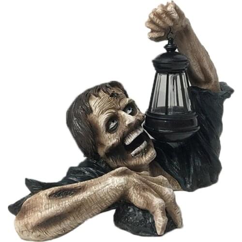 Hideous Zombie Garden Statue Holding Lamp Undead Zombie Figurine Desktop Horror Zombie Sculpture Halloween Garden Home Decor