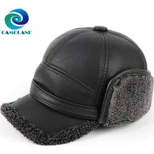 CAMOLAND High Quality PU Leather Baseball Cap Winter Men Warm Earflap Dad HatFaux Fur Russia Bomber Hat Ear Protection Snow Caps