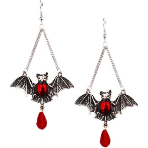 Vintage Silver Color Gothic Style Red Bead Bat Dangle Earrings for Women 2021 Trendy Hallowmas Accessories Wholesale