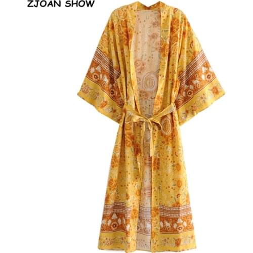 Bohemia V neck Gold Flower Print Maxi Long Kimono Cardigan Ethnic Women Lacing up Bow Sashes Shirt BOHO Loose Blouse Tops