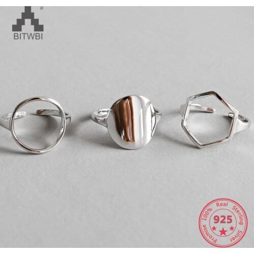 BITWBI Minimalist 925 Sterling Silver Geometric Round Hexagon Ring for Women Wedding Opening Adjustable Rings Fine Jewelry Gift